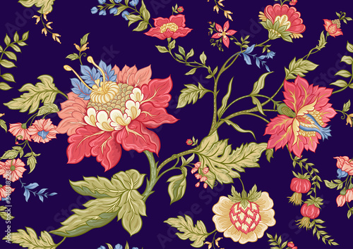 Seamless pattern with stylized ornamental flowers in retro, vintage style. Jacobin embroidery. Colored vector illustration on blue background.