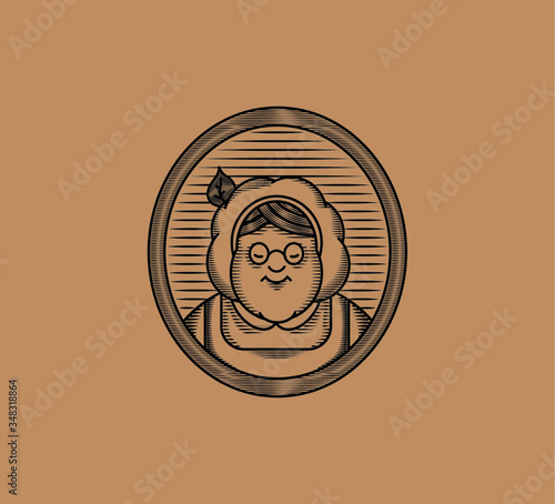 Grandmother cook logo for cafe or home cooking restaurant. Pastry and bakery logotype. Black and beige