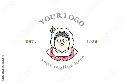 Grandmother cook logo for cafe or home cooking restaurant. Pastry and bakery logotype. Colorful portrait