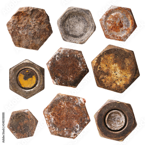 Set of various rusty heads of bolts and nuts isolated on a white background