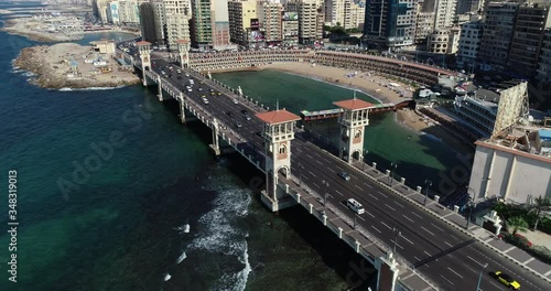 Aerial Drone shot over Egypt Alexandria city Stanly Bridge