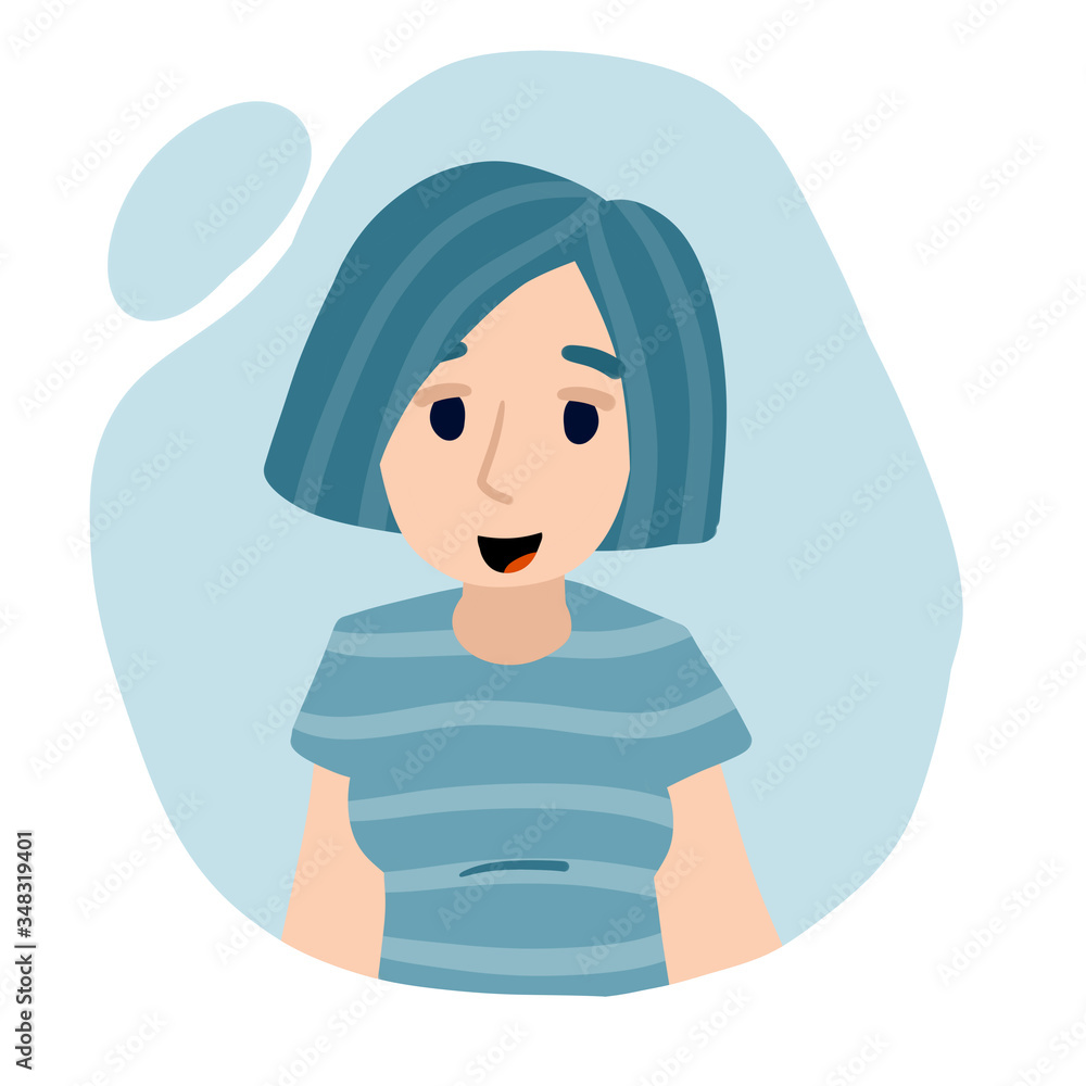 Young girl. Happy smiling girl in blue striped clothes. Modern character. Cartoon flat illustration isolated on white background Young girl. Happy smiling girl in blue striped clothes. Modern character. Cartoon flat illustration isolated on white background