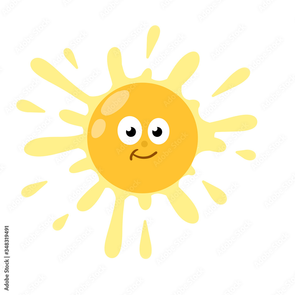 Flat sun. Element of summer and nature. Yellow warm object. Cartoon illustration. Children's drawing. Heat and hot with funny cute face.