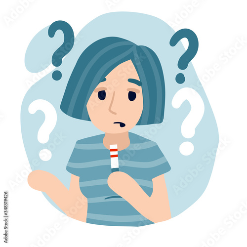 Pregnancy test. Girl holds the analysis result. Two strips. Concept of Beginning of motherhood. Question and doubt. Choice of future. Young woman. Flat cartoon