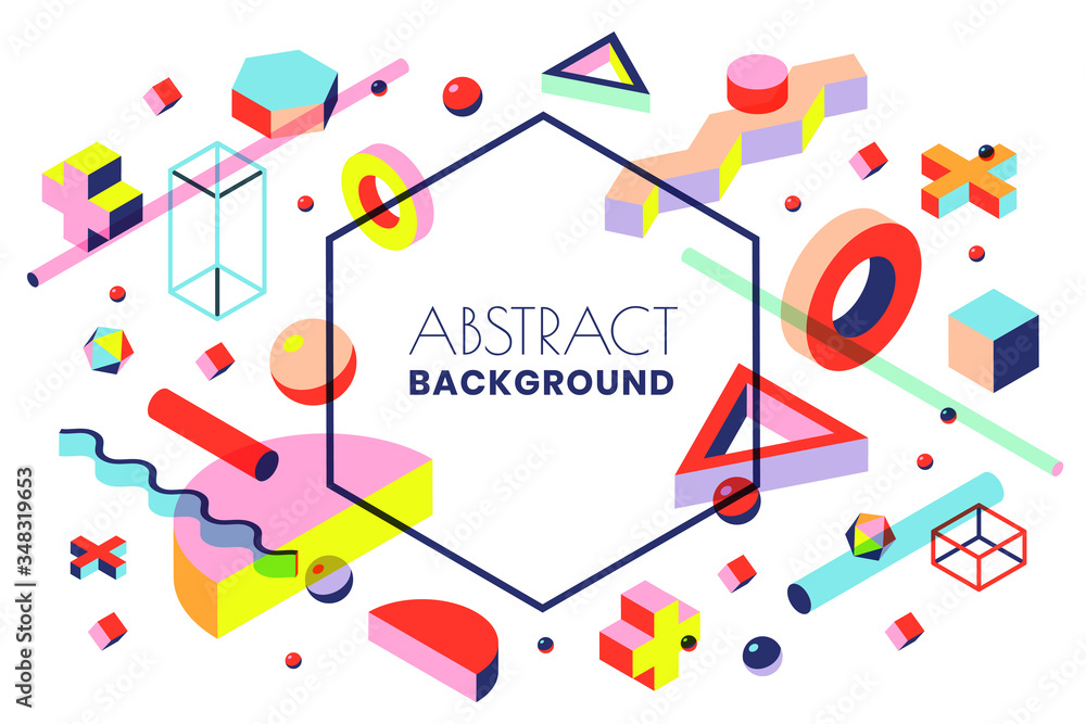 Creative vector frame background with 3d isometric geometric shapes. Vector illustration. Memphis style banner design Creative vector frame background with 3d isometric geometric shapes. Vector illustration. Memphis style banner design