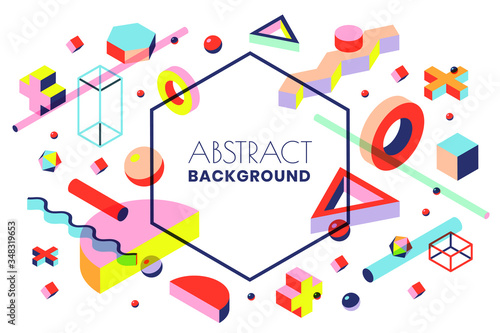 Creative vector frame background with 3d isometric geometric shapes. Vector illustration. Memphis style banner design