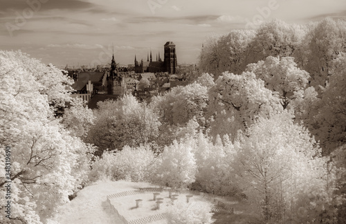 Old Town of Gdansk. View from fortress of Gora Gradowa. Green vegetation in infrared. © Fredrixxon
