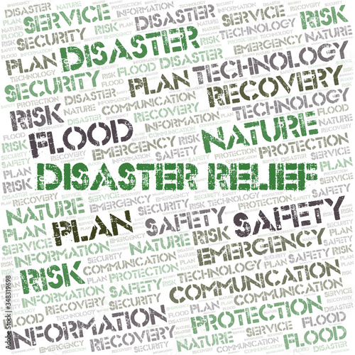 Disaster Relief typography word cloud.
