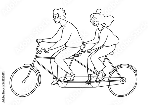 A guy and a girl ride a tandem bike together.