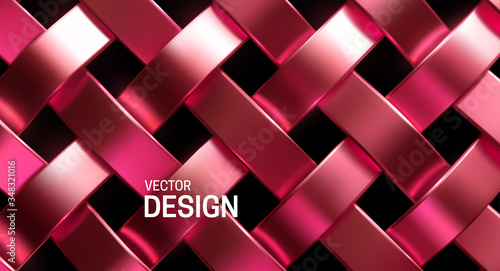 Rose gold wicker pattern. Vector 3d realistic illustration. Luxury vintage texture. Metal weave ribbons. Abstract jewelry background. Gold metallic ornament. Interlacing surface. Decoration for design