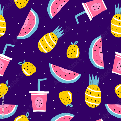 Summer seamless pattern, vector illustration with watermelon, pineapple, orange fruits, and juice. Exotic background wallpaper for textile wrapping and print.