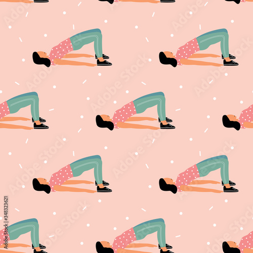 Seamless pattern with woman doing yoga at home. Illustration with pose Bridge Pose, Setu Bandha Sarvangasana.