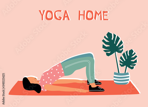 Woman doing yoga at home. Illustration with pose Bridge Pose, Setu Bandha Sarvangasana.