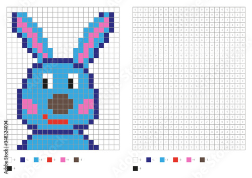 Kids coloring page, pixel coloring cartoon rabbit. Vector illustration