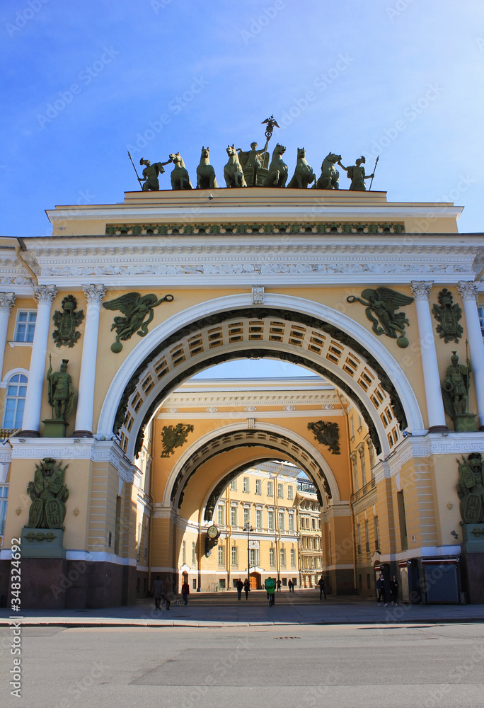 Arch of General Staff Building on Palace Square in Saint Petersburg, Russia. Symmetrical building architecture, triumphal arch designed by C. Rossi on Saint Petersburg main square, close up view