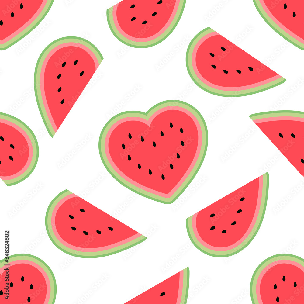 Cute watermelon hearts seamless pattern on a white background. Flat cartoon style. Cute watermelon hearts seamless pattern on a white background. Flat cartoon style.