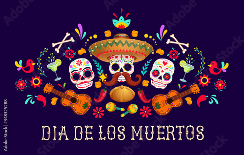 Day of the dead, Dia de los moertos, banner with colorful Mexican flowers. Fiesta, holiday poster, party flyer, funny greeting card