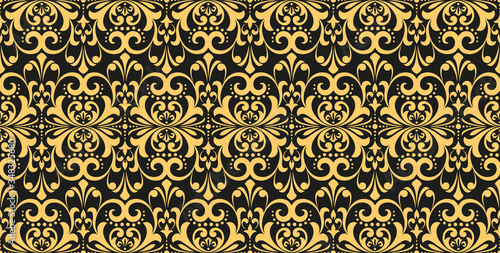 Wallpaper in the style of Baroque. Seamless vector background. Gold and black floral ornament. Graphic pattern for fabric, wallpaper, packaging. Ornate Damask flower ornament
