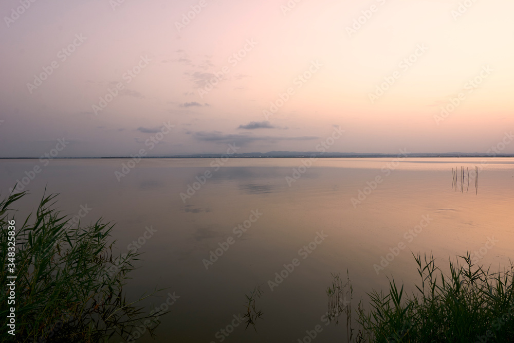 Sunset on the big lake, from the reeds, green, golden colors, calm waters, reflections