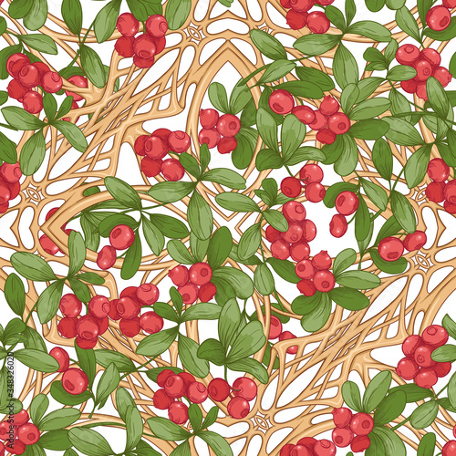 Cranberry in a decorative imitation of a wicker basket made of twigs. Seamless pattern, background. Graphic drawing, engraving style. Vector illustration isolated on white background..