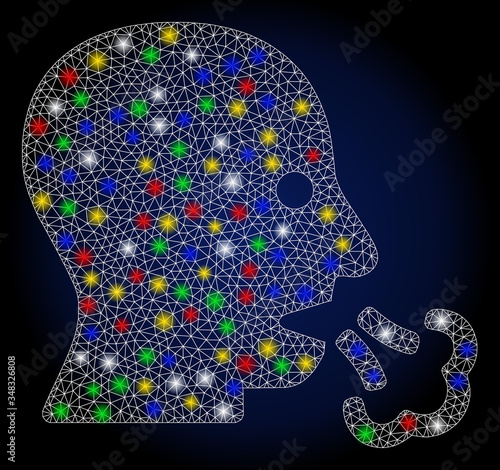 Flare mesh sneeze with glow effect. Abstract illuminated vector model of sneeze icon on a dark blue gradiented background. White wire carcass triangular mesh sneeze.