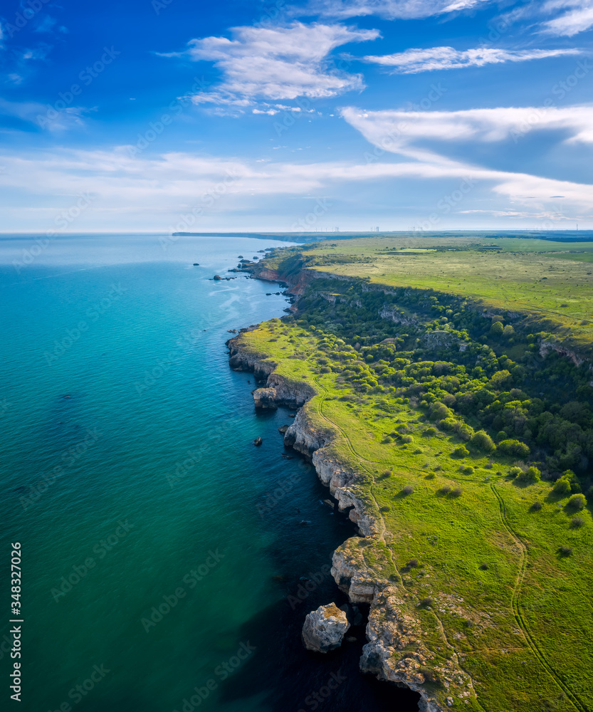 Aerial view with picturesque rocky coastline, nature park Yailata at the Black Sea coast, Bulgaria.