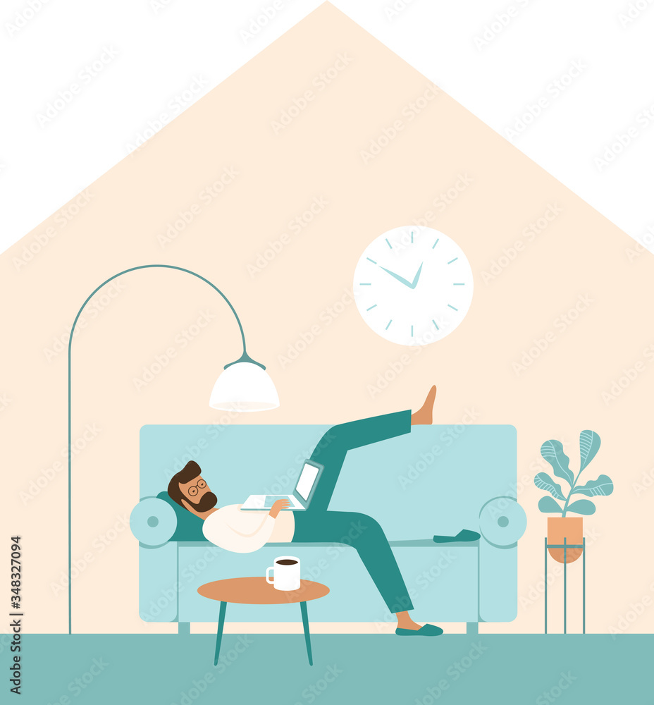 Lazy man looking at laptop. Watch TV shows, videos, procrastination. Concept for coronavirus COVID-19 quarantine self isolation Lazy man looking at laptop. Watch TV shows, videos, procrastination. Concept for coronavirus COVID-19 quarantine self isolation
