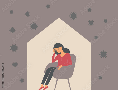 The psychological impact of coronavirus quarantine lockdown. Woman sitting alone inside her house, feeling stress emotion, depression.