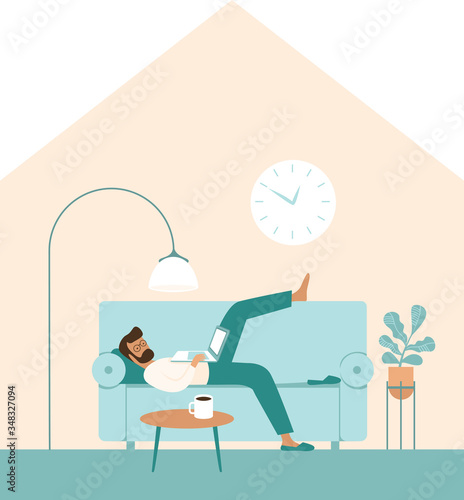Lazy man looking at laptop. Watch TV shows, videos, procrastination. Concept for coronavirus COVID-19 quarantine self isolation