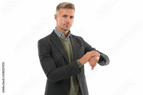 Appreciate punctuality. Businessman check time isolated on white. Time management. Working to deadline. Business meeting. Formal style. Time is money. Time counting. Handsome mature man boss