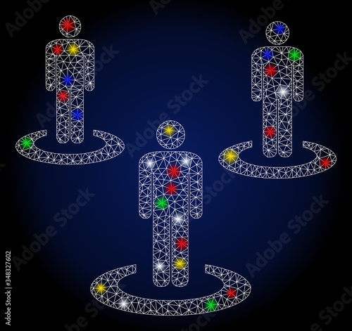 Glowing mesh social isolation with sparkle effect. Abstract illuminated vector model of social isolation icon on a dark blue gradiented background. White wire carcass triangular mesh social isolation.