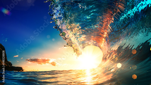 Sea wave surfing ocean lip shorebreak crest in Hawaii photo