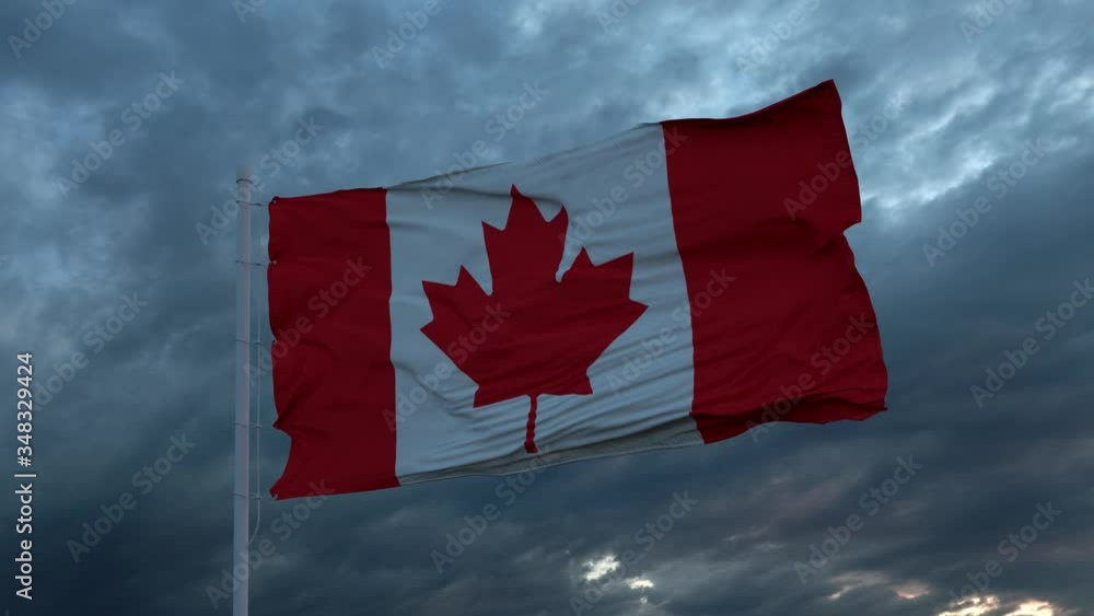 Realistic flag of Canada waving in the wind against deep heavy stormy sky Realistic flag of Canada waving in the wind against deep heavy stormy sky