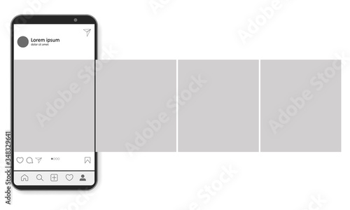 Carousel interface post on social network. Mock up of smartphone. Mobile application on the screen of realistic phone. Vector illustration on white background.