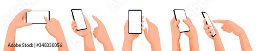 Human hands using and holding smartphone. Vector flat cartoon illustration. Touch screen mobile phone with blank display