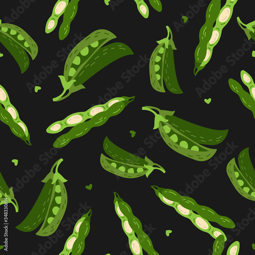 Hand drawn seamless vector pattern of green bean and pea pods . Vegetarian food background. Cartoon style. Green vegetables.