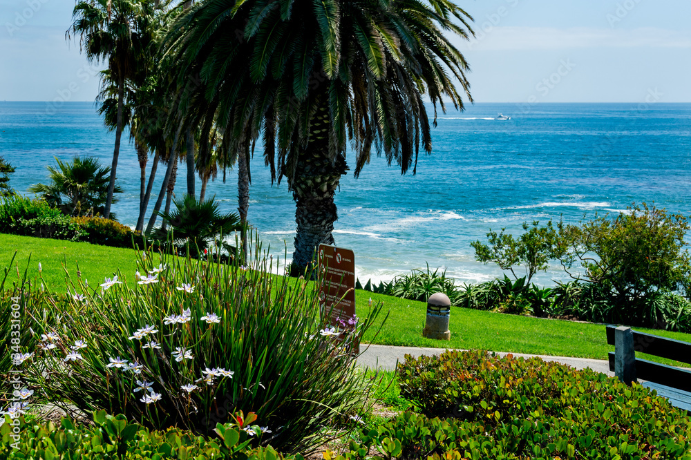 Pacific Ocean view from Heisler Park in Laguna Beach, California, on a bright, sunny day in spring.