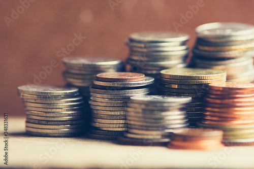 Stack of coins stock financial indices on currency exchange. Financial stock market in accounting market economy analysis. Digital stock exchange trade cost background. Economy financial cost concept;