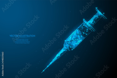 Medical syringe injection with needle injection medicine close up. The concept of antibiotics, vaccines. Innovative medicine and technology. 3d low poly wireframe vector illustration.