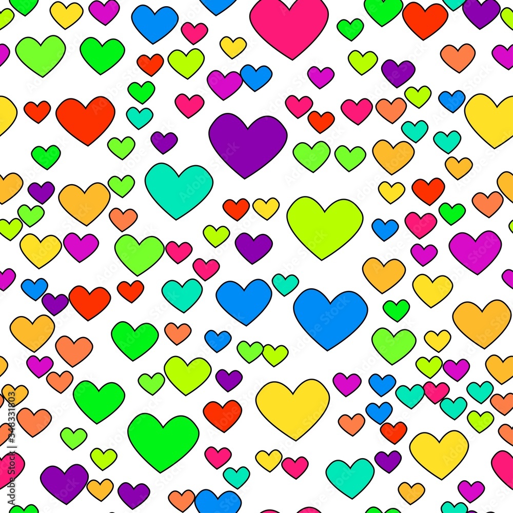 Vector seamless pattern with valentine rainbow hearts on white. Abstract vector pattern suitable for printing children's prints on textiles, fabrics, clothes, boys, girls.
