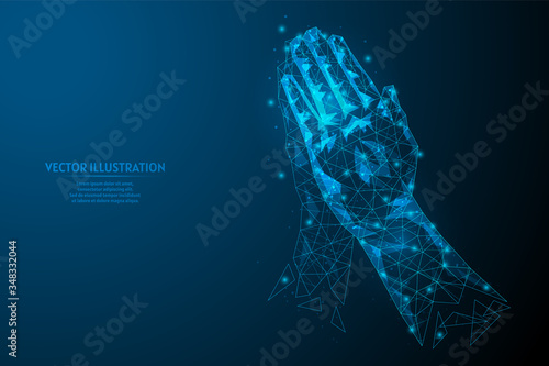 Close-up hands of a man pressed palm to each other. Prayer pose. Concept of religion, faith, yoga, help. Greeting with a gesture of namaste. 3d low poly wireframe model vector illustration.