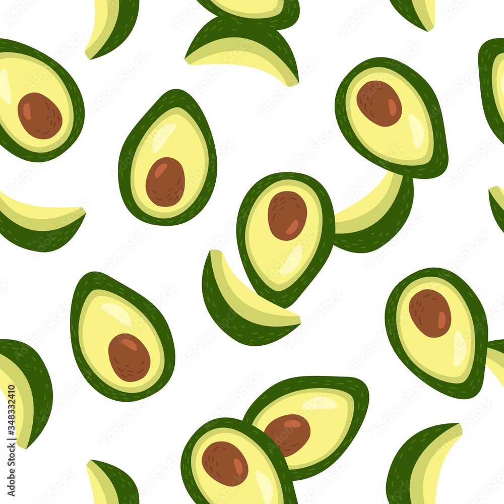 Hand drawn seamless vector pattern of avocado. Vegetarian food background. Cartoon style. Green vegetables. Hand drawn seamless vector pattern of avocado. Vegetarian food background. Cartoon style. Green vegetables.