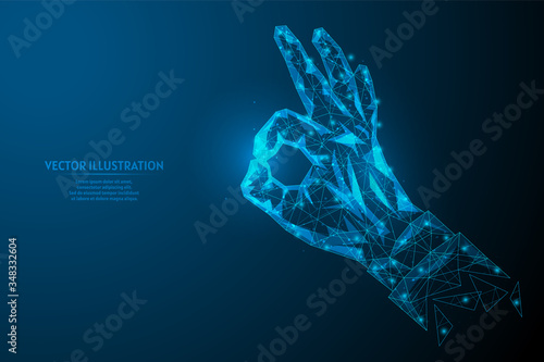 Close-up hand shows gesture ok, gesture is good. The concept of communication, business, education. Innovative design. 3d low poly wireframe model vector illustration.