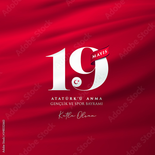 19 mayis Ataturk'u Anma, Genclik ve Spor Bayrami greeting card design. 19 May Commemoration of Ataturk, Youth and Sports Day. Vector illustration. Turkish national holiday.