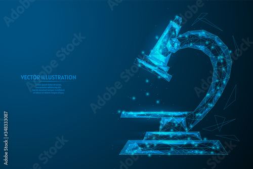 Microscope close-up. Laboratory, school, biological equipment for the study of viruses, bacteria. Making a cure for coronovirus. Innovative medical technology. 3d low poly vector illustration.