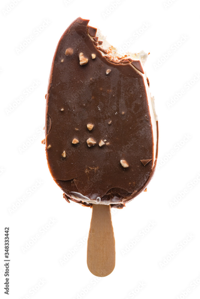 bitten chocolate-coated ice cream isolated on white bitten chocolate-coated ice cream isolated on white