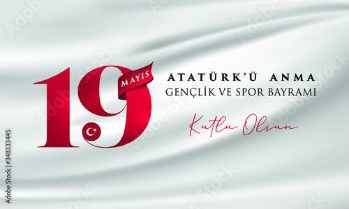 19 mayis Ataturk'u Anma, Genclik ve Spor Bayrami greeting card design. 19 May Commemoration of Ataturk, Youth and Sports Day. Vector illustration. Turkish national holiday.
