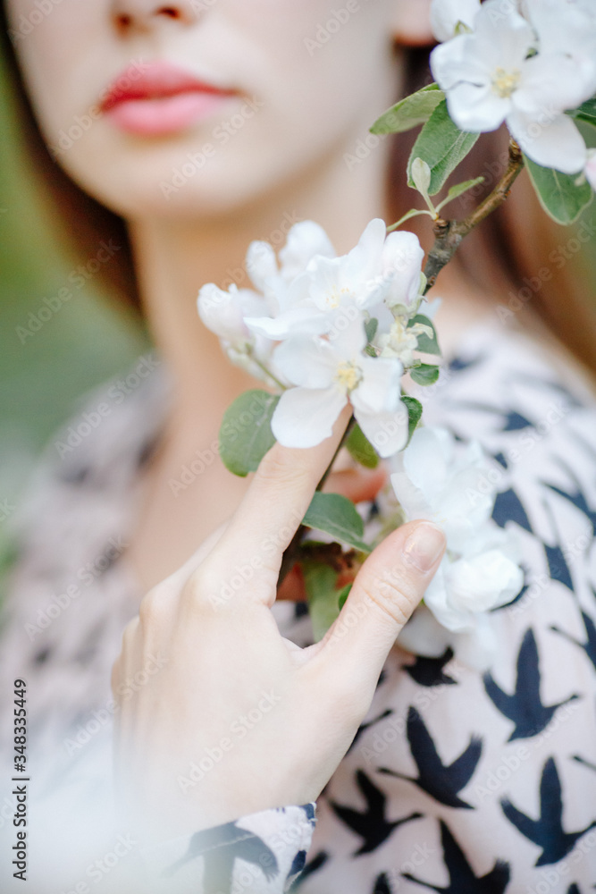 young tender woman with a white apple blossom flower tree young tender woman with a white apple blossom flower tree