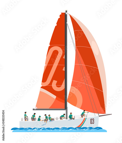 Red sail sailing yacht with a large team of 8 people.  Sailing yacht. Vector isolated illustration.
