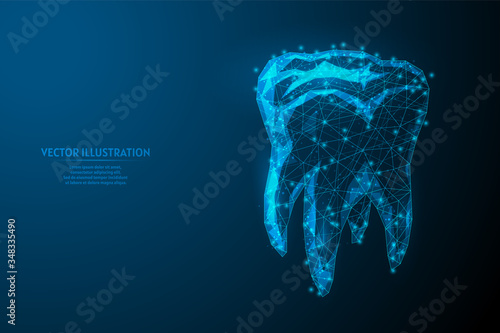 Human tooth close up. Model organ anatomy. Orthodontics, stomatology. Tooth treatment concept, oral care brushing. Innovative medicine and technology. 3d low poly wireframe vector illustration.
